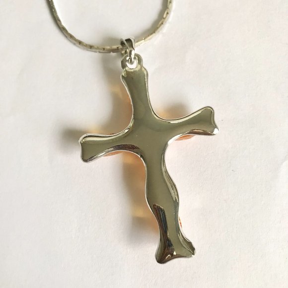 Vintage Honey Amber Cross Pendant Necklace Silver Plated Simulated Acrylic 24" - Picture 7 of 11